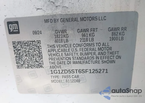 2025 Chevrolet Malibu Fwd 1Lt z USA, uszkodzony, nr VIN 1G1ZD5ST6SF125271